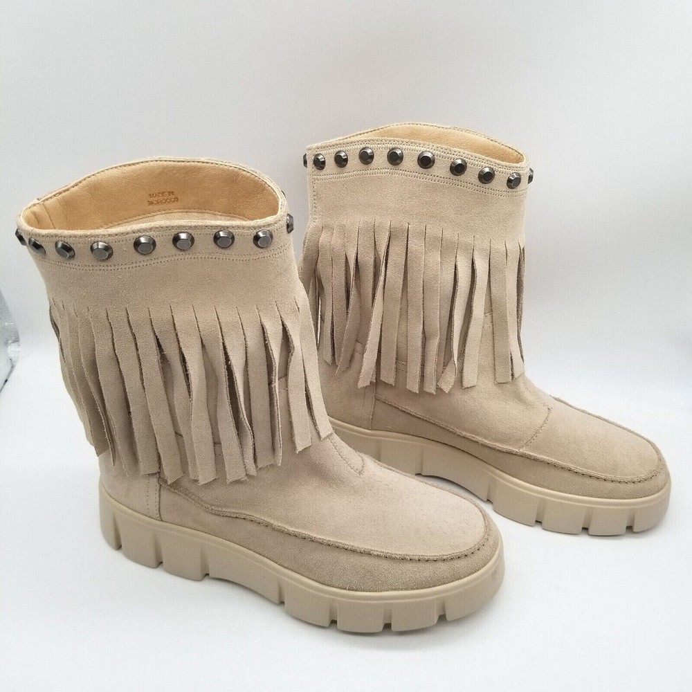 Geox Beige Fringe Suede Winter Boots with Stud Trim